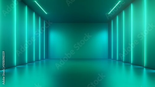 
Blue-green gradient studio room, abstract background pattern, walls and floor reflect neon lights, dark tones and feel speed of digital technology connected blue-green background. Future technology.