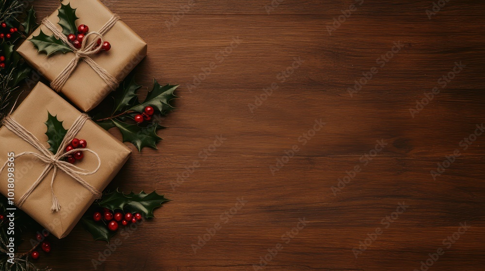 Christmas composition with craft paper wrapped gifts, pine branches, and festive decorations on a white textured background. Flat lay with copy space for design and print. Christmas composition with craft paper wrapped gifts, pine branches, and festive decorations on a white textured background. Flat lay with copy space for design and print.