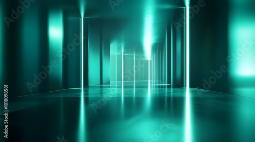  Blue-green gradient studio room, abstract background pattern, walls and floor reflect neon lights, dark tones and feel speed of digital technology connected blue-green background. Future technology.