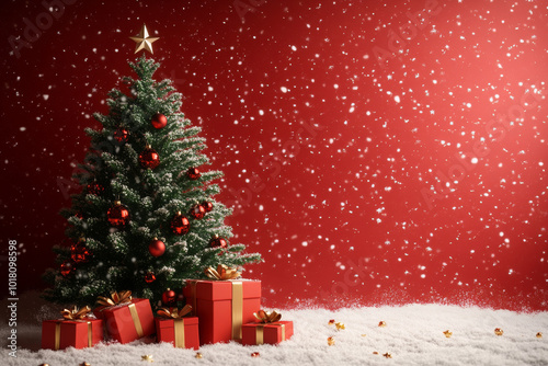 Cheerful Christmas Scene 3D Render of Tree and Gifts on Snowy Red Background