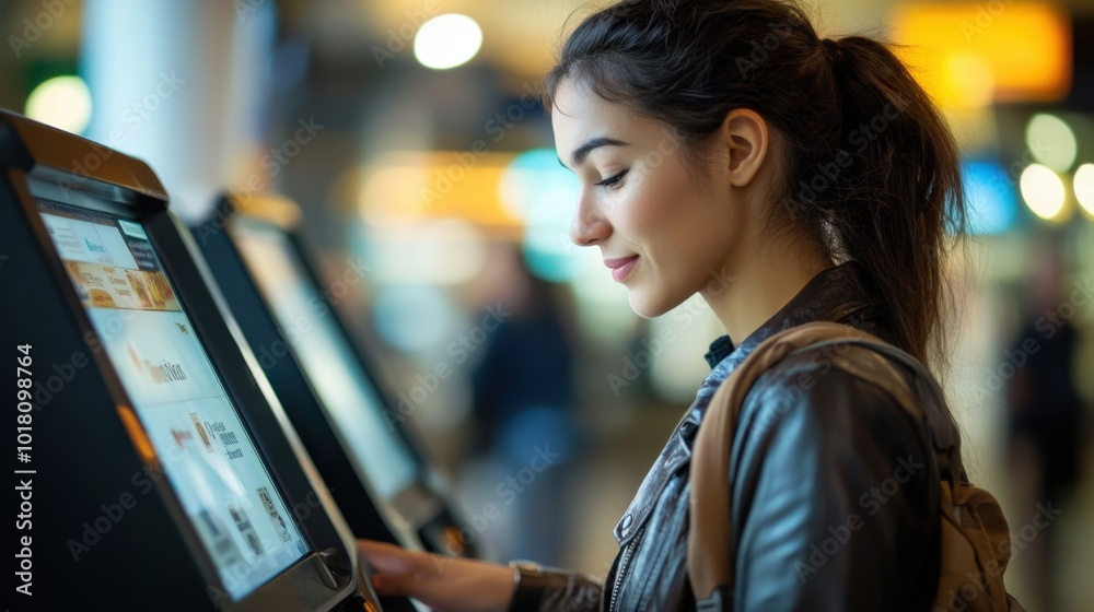 Young Woman Using Self-Service Kiosk at an Airport Young Woman Using Self-Service Kiosk at an Airport