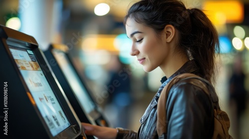 Young Woman Using Self-Service Kiosk at an Airport