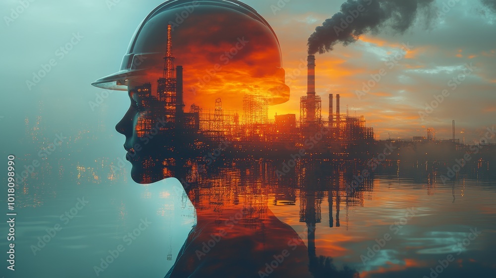 Fototapeta premium Engineers at Work in Double Exposure Effect