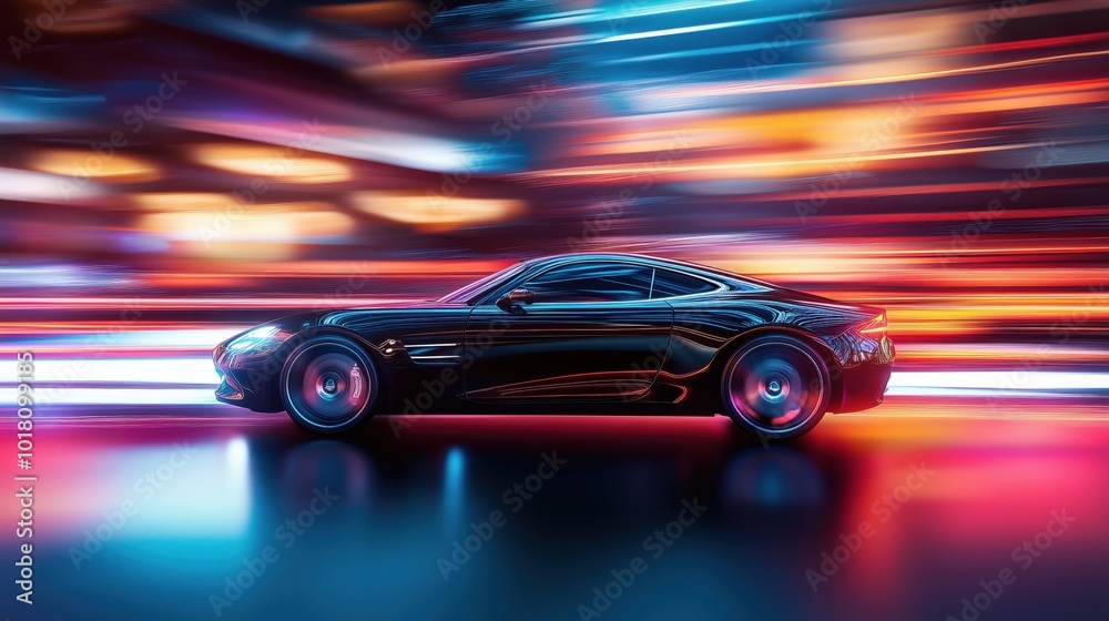 Sleek black sports car in vibrant neon lights Sleek black sports car in vibrant neon lights