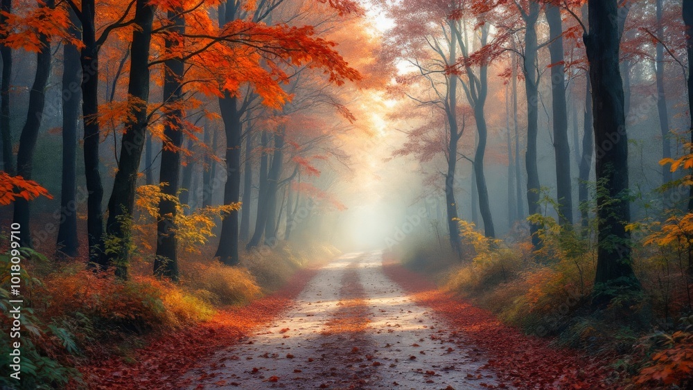 A serene forest path blanketed in vibrant autumn leaves under the glow of soft morning light, creating a tranquil and picturesque scene. A serene forest path blanketed in vibrant autumn leaves under the glow of soft morning light, creating a tranquil and picturesque scene.