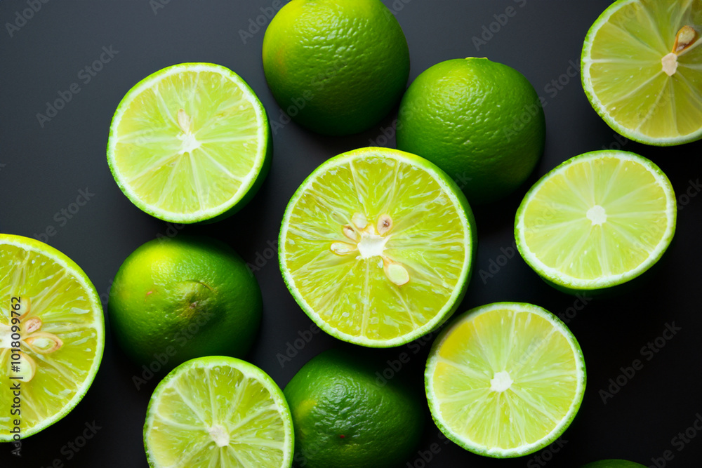 Fototapeta premium Of oranges, limes, and citrus. fruit fresh drink concept. two halves of a lime on a with greens. a man is putting oranges, limes, and citrus on a of lifestyle and green.