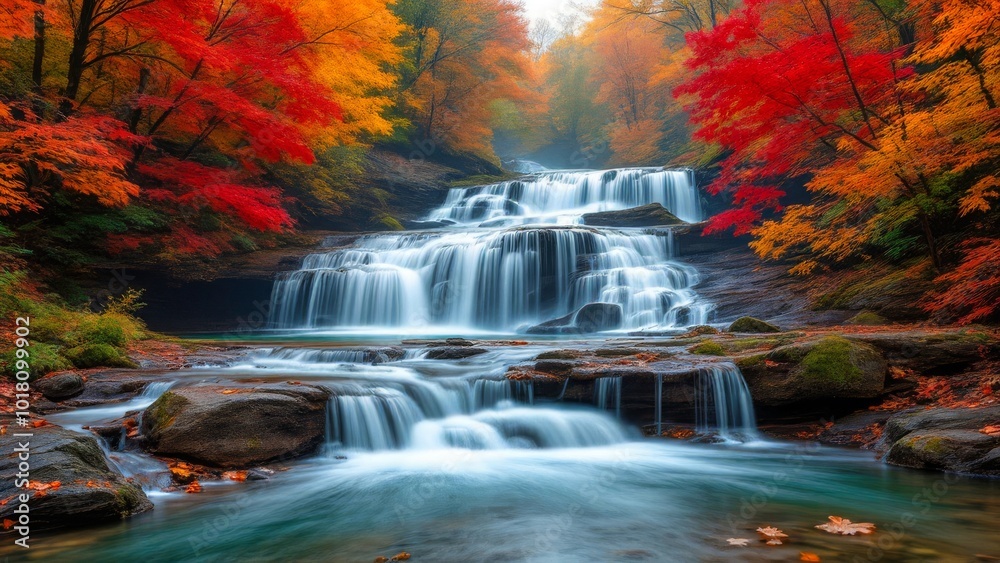 Fototapeta premium A stunning waterfall cascades through a vibrant autumn forest with brilliant red and orange foliage, creating a serene and enchanting natural landscape.