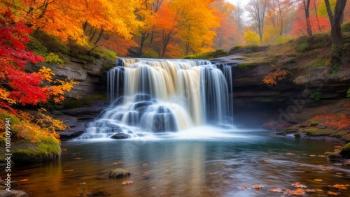 Serene waterfall amid vibrant autumn foliage creates a tranquil and picturesque scene in nature.