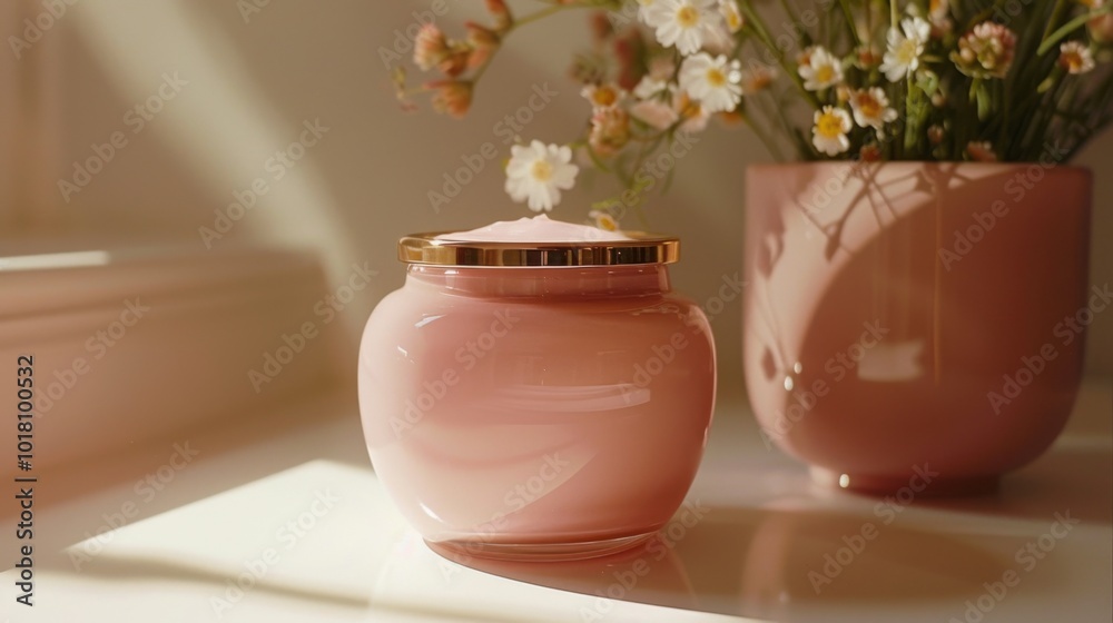 Elegant jar filled with peach cream, positioned against a clean white background, featuring a gold rim, softly diffused light, enhancing the luxurious feel.