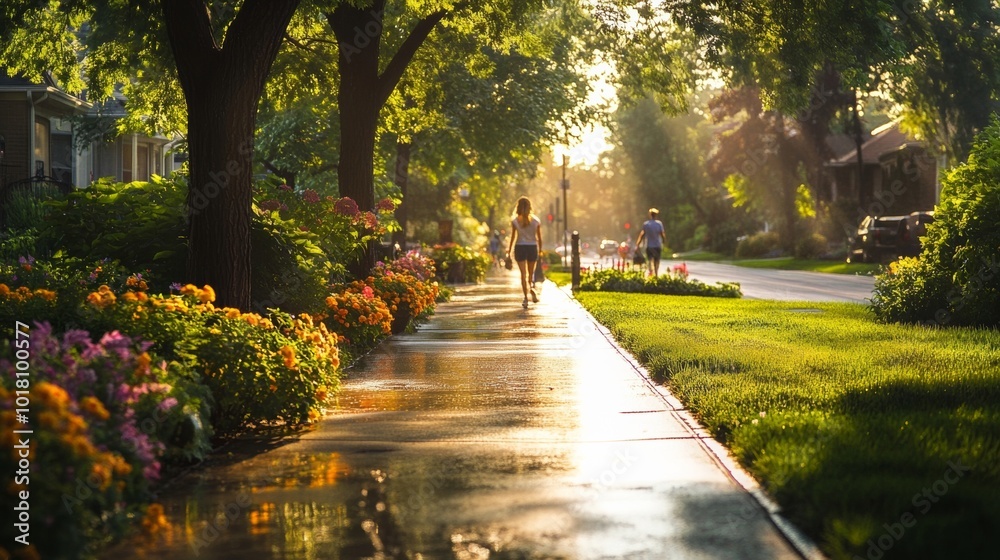 Obraz premium A tranquil morning walk on a sunlit sidewalk surrounded by flowers and trees
