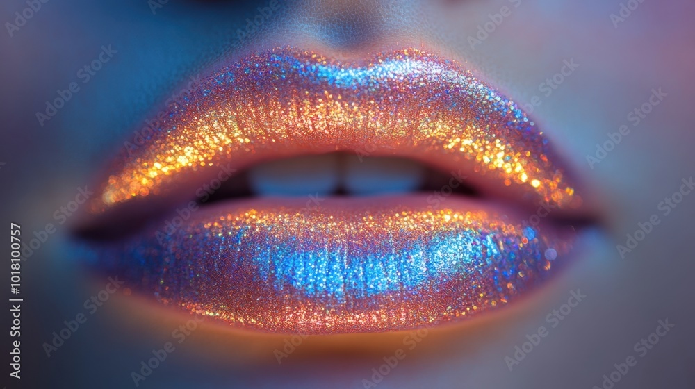 Vibrant Glitter Makeup on Woman's Lips and Cheek in Close-Up Vibrant Glitter Makeup on Woman's Lips and Cheek in Close-Up