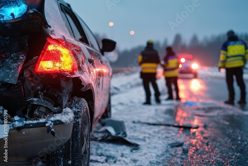 A damaged car on a snowy road with emergency personnel in winter gear providing assistance, highlighted by the contrasting lights of surrounding vehicles.