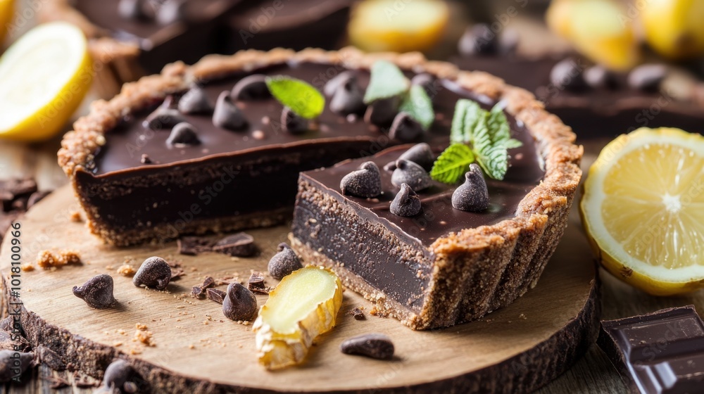 Gourmet Dark Chocolate Tart Slice on White Plate Gourmet Dark Chocolate Tart Slice on White Plate