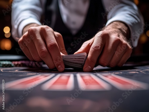 A professional card dealer skillfully shuffles a deck of cards on a casino table, focusing on mastering the art of card distribution under ambient lighting.