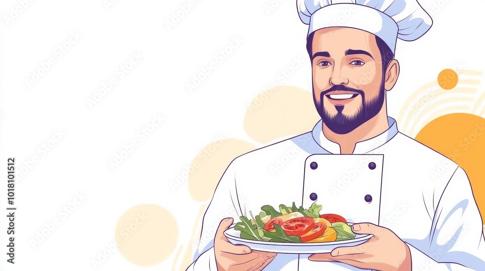 Illustration of a chef in a cap with a plate of food and free space for an inscription Illustration of a chef in a cap with a plate of food and free space for an inscription