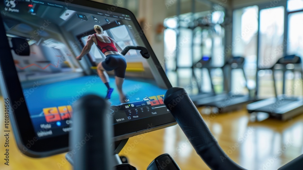 A close-up of a computer or tablet displaying a virtual fitness session , wide background A close-up of a computer or tablet displaying a virtual fitness session , wide background