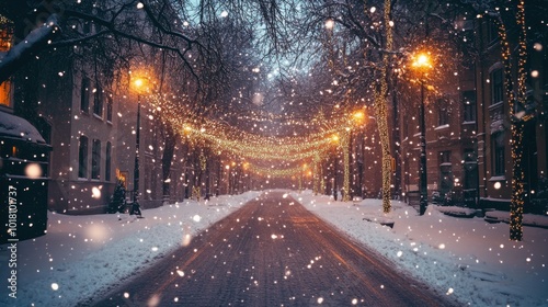 Enchanting Winter Street with Twinkling Holiday Lights and Snowfall