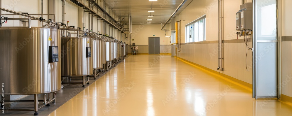 Obraz premium Modern industrial hallway with stainless steel tanks and yellow floor.