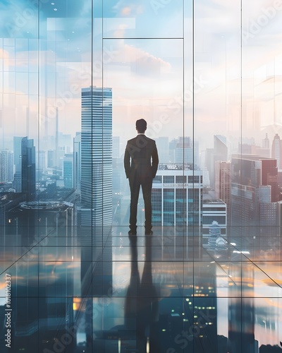 Authoritative Business Leader Overlooking Vibrant Urban Skyline from Sleek Office photo