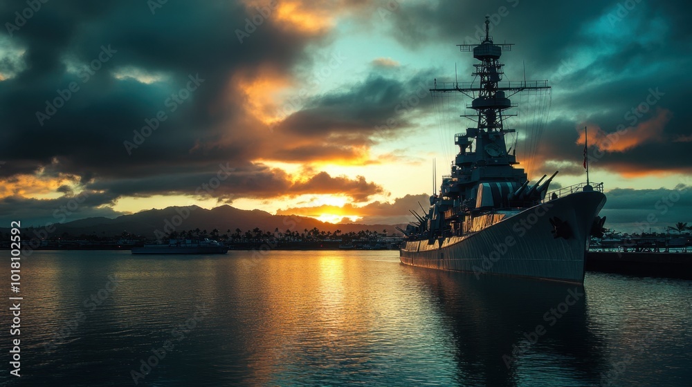 Majestic Sunset Warship Silhouette at Harbor. Pearl Harbor Remembrance Day Majestic Sunset Warship Silhouette at Harbor. Pearl Harbor Remembrance Day