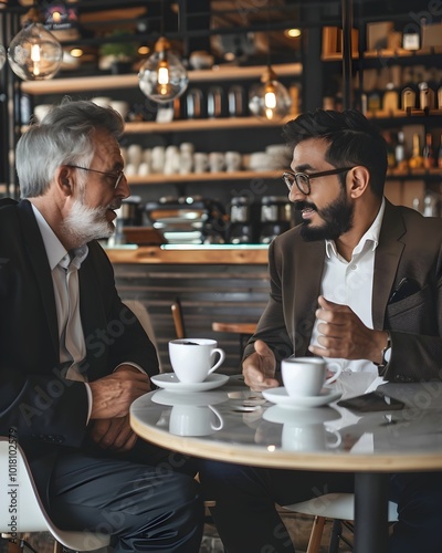 Seasoned Business Leader Mentoring Young Entrepreneur Over Coffee in Chic Caf