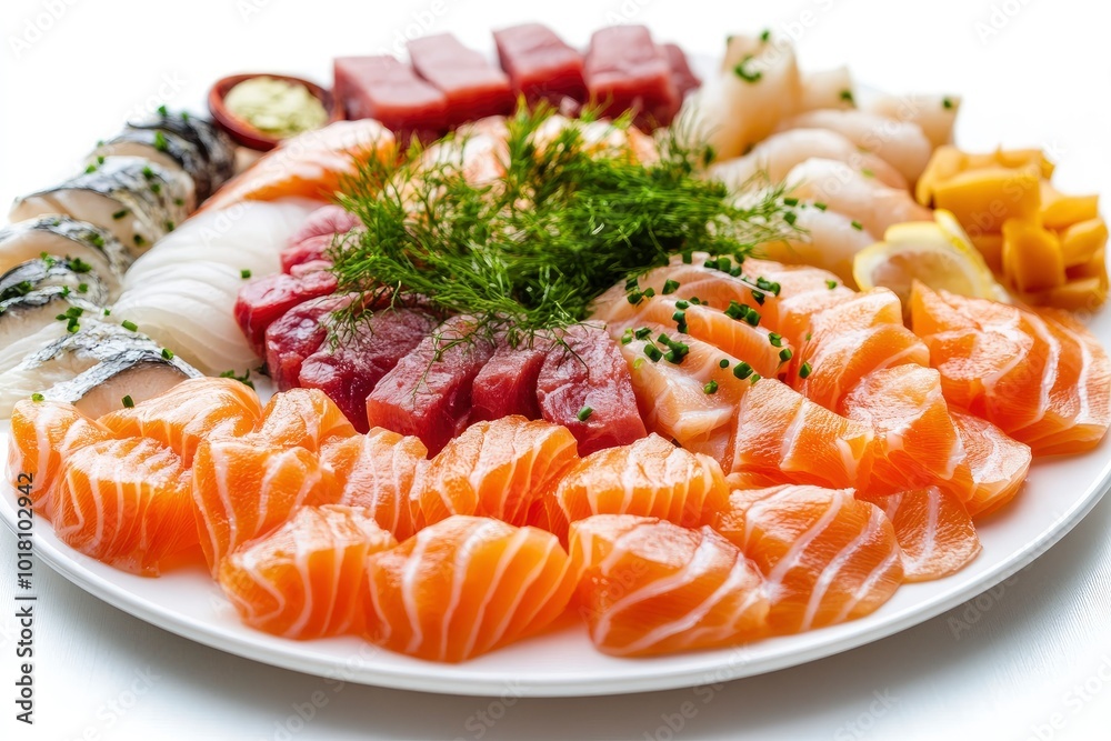 Plate with appetizer of fish and seafood. Sliced salted fish fillet. Smoked salmon, tuna, perch. Banquet festive dishes. Gourmet restaurant menu. White background - generative ai Plate with appetizer of fish and seafood. Sliced salted fish fillet. Smoked salmon, tuna, perch. Banquet festive dishes. Gourmet restaurant menu. White background - generative ai