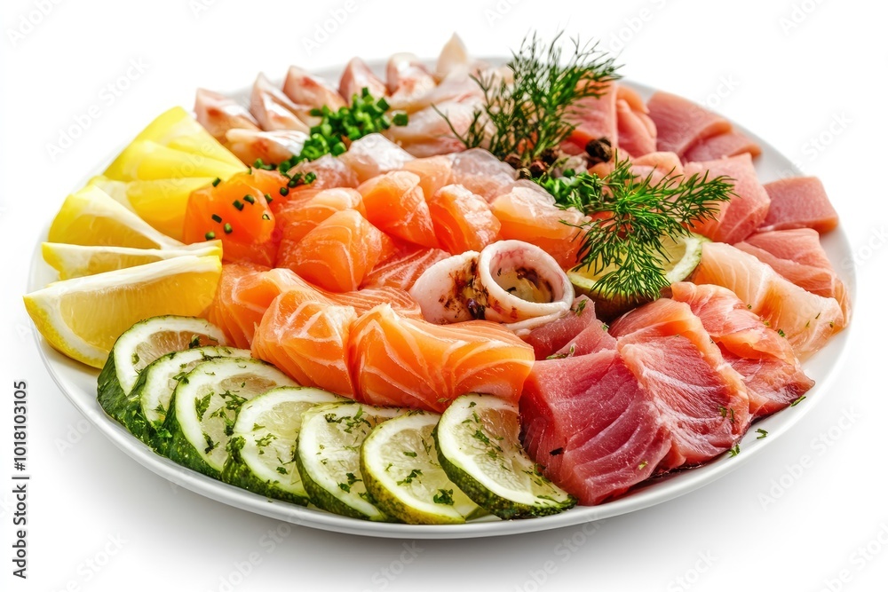 Plate with appetizer of fish and seafood. Sliced salted fish fillet. Smoked salmon, tuna, perch. Banquet festive dishes. Gourmet restaurant menu. White background - generative ai Plate with appetizer of fish and seafood. Sliced salted fish fillet. Smoked salmon, tuna, perch. Banquet festive dishes. Gourmet restaurant menu. White background - generative ai