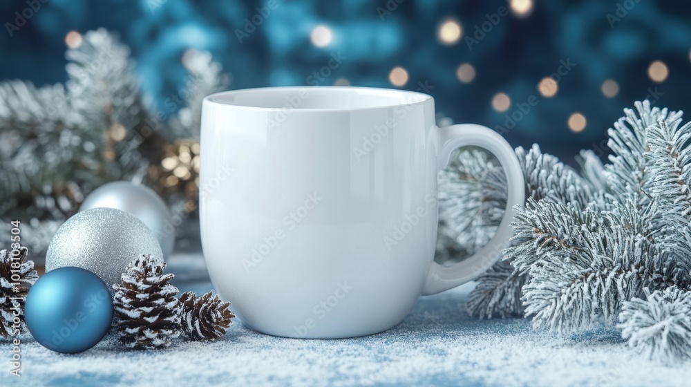 Holiday Season White Mug Surrounded by Christmas Decorations Holiday Season White Mug Surrounded by Christmas Decorations