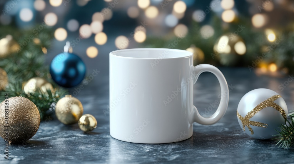 Holiday Season White Mug Surrounded by Christmas Decorations Holiday Season White Mug Surrounded by Christmas Decorations