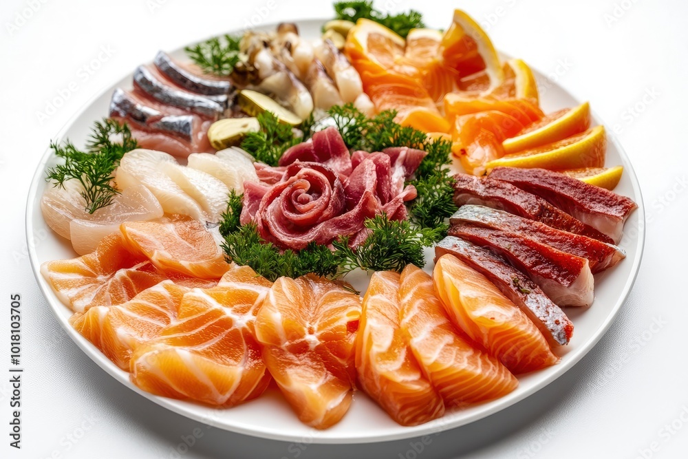Plate with appetizer of fish and seafood. Sliced salted fish fillet. Smoked salmon, tuna, perch. Banquet festive dishes. Gourmet restaurant menu. White background - generative ai Plate with appetizer of fish and seafood. Sliced salted fish fillet. Smoked salmon, tuna, perch. Banquet festive dishes. Gourmet restaurant menu. White background - generative ai