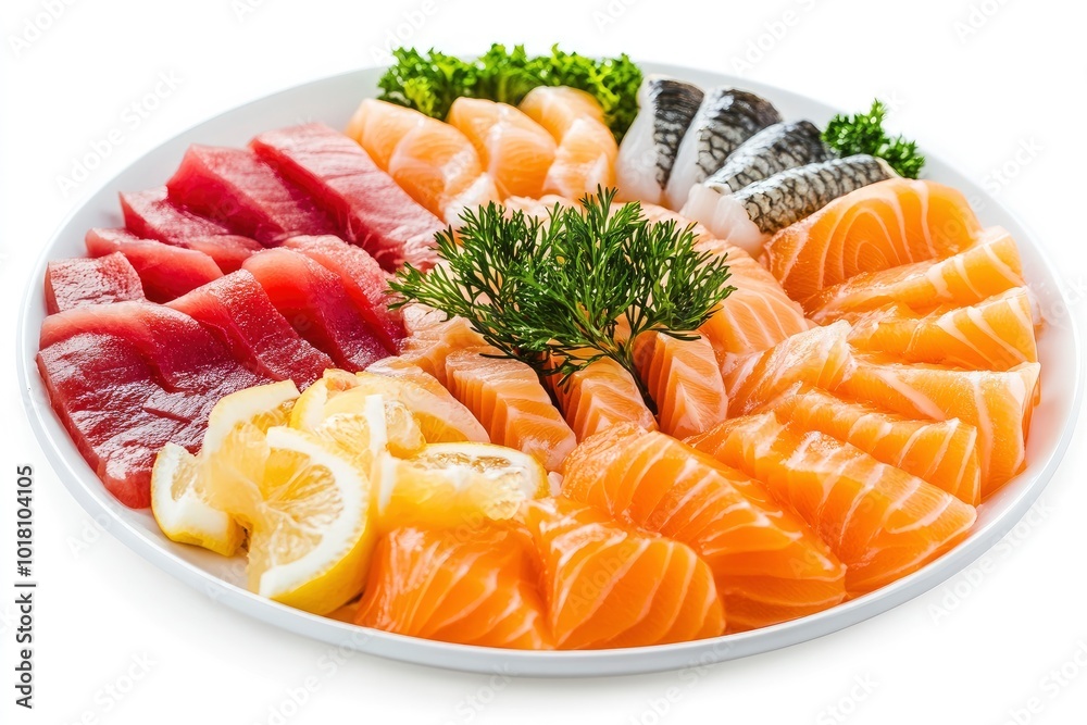 Plate with appetizer of fish and seafood. Sliced salted fish fillet. Smoked salmon, tuna, perch. Banquet festive dishes. Gourmet restaurant menu. White background - generative ai Plate with appetizer of fish and seafood. Sliced salted fish fillet. Smoked salmon, tuna, perch. Banquet festive dishes. Gourmet restaurant menu. White background - generative ai