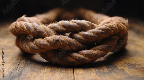 Textured Jute Rope Coiled on Wooden Surface. International Day for the Abolition of Slavery photo