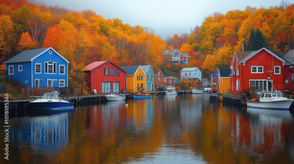 Vibrant autumn foliage reflecting in a tranquil harbor with colorful buildings Vibrant autumn foliage reflecting in a tranquil harbor with colorful buildings