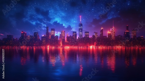 Futuristic City Skyline at Sunset with Vibrant Pink and Blue Sky