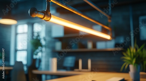 Close-up of a modern workspace with a creative ceiling light fixture made from scrap metal pipes, shining over a sleek desk setup