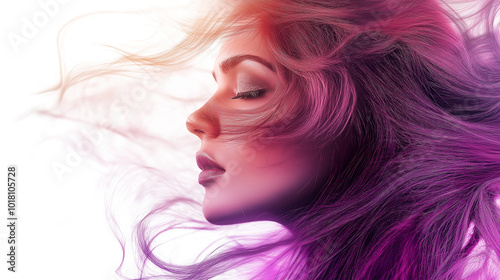 A woman with long purple hair is shown in a blurry, abstract style. The hair is covered in glitter, giving it a dreamy, ethereal appearance. Scene is one of whimsy and fantasy