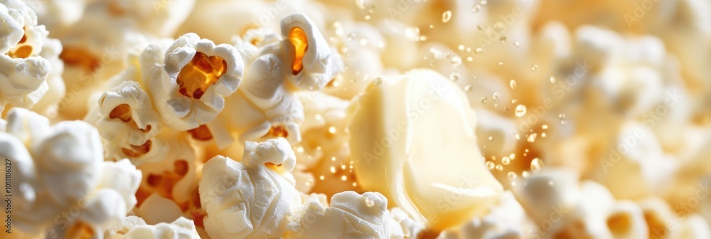 Butter-drizzled popcorn bursting with flavor, golden kernels glistening, inviting aroma wafting, perfect snack for movie nights