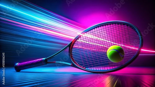 A neon pink and blue background highlights a tennis racket in motion, radiating electricity and energy, perfectly capturing the dynamic essence of photo