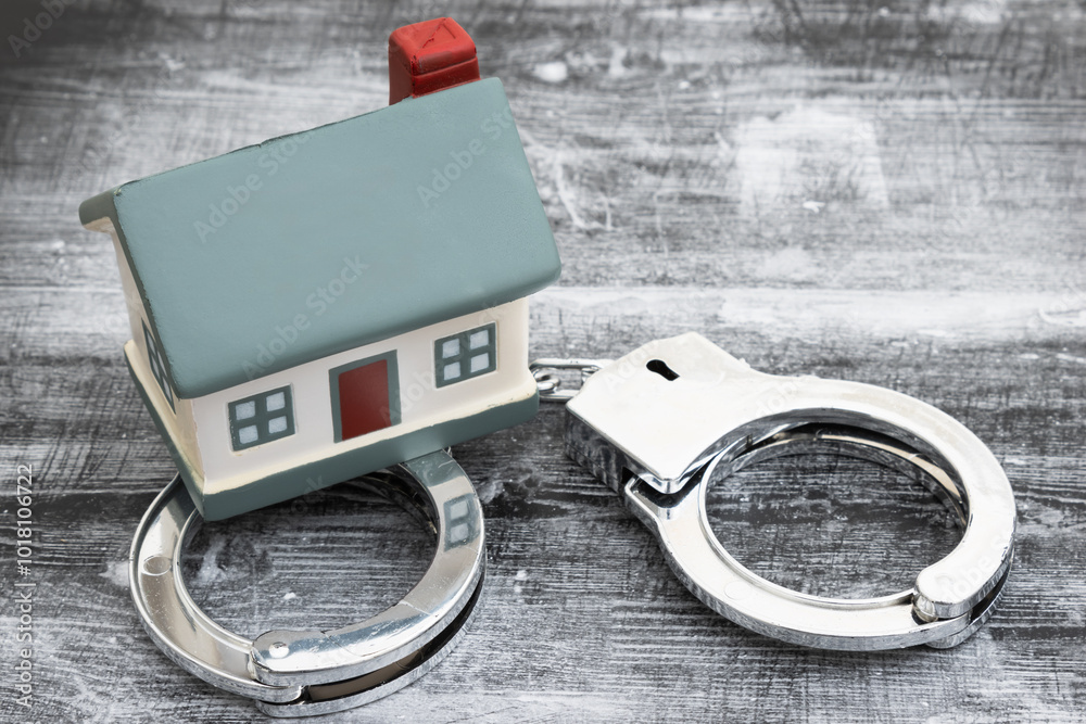 Φωτογραφία Troubled housing market with a house with handcuffs on weathered wood desk