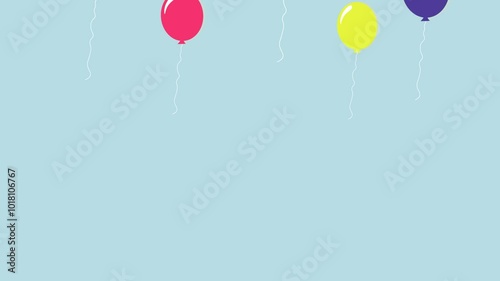 Animation of colorful cartoon party balloons with surprise gifts. Children's party with confetti background. 4K animated motion graphics.