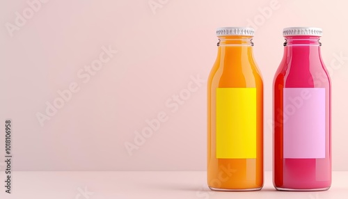 Two colorful juice bottles with blank labels on pastel background