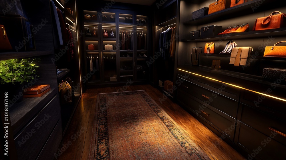 Modern walk-in closet with black cabinets, wood floors, and a rug. Modern walk-in closet with black cabinets, wood floors, and a rug.