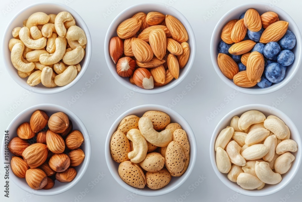Variety of nuts in white bowls on a light background. Variety of nuts in white bowls on a light background.