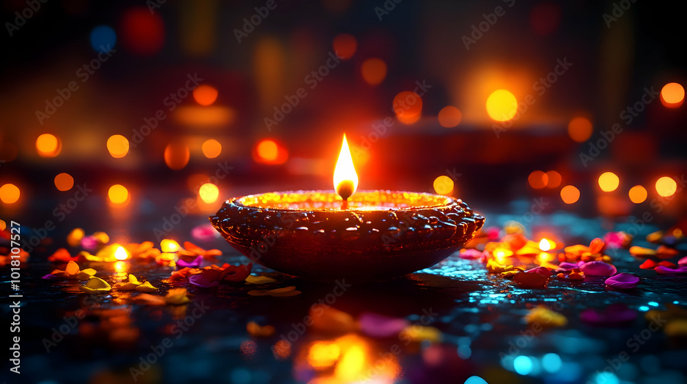 A glowing diya surrounded by colorful petals, symbolizing celebration. A glowing diya surrounded by colorful petals, symbolizing celebration.