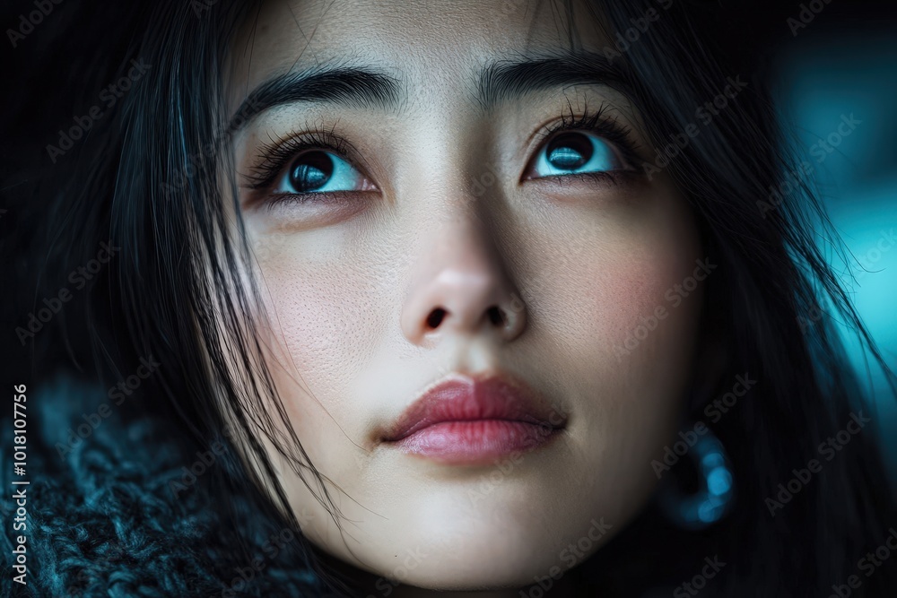 Portrait of a young woman with a serene expression gazing upwards, highlighted by delicate facial features and soft lighting creating an intimate, reflective atmosphere. Portrait of a young woman with a serene expression gazing upwards, highlighted by delicate facial features and soft lighting creating an intimate, reflective atmosphere.