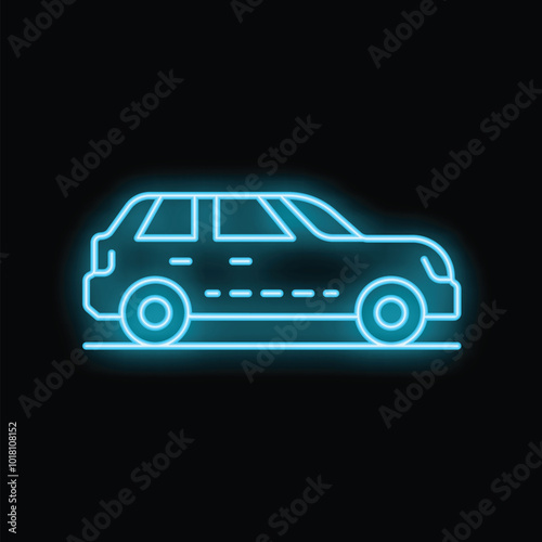Bright blue neon suv car glowing on a dark background