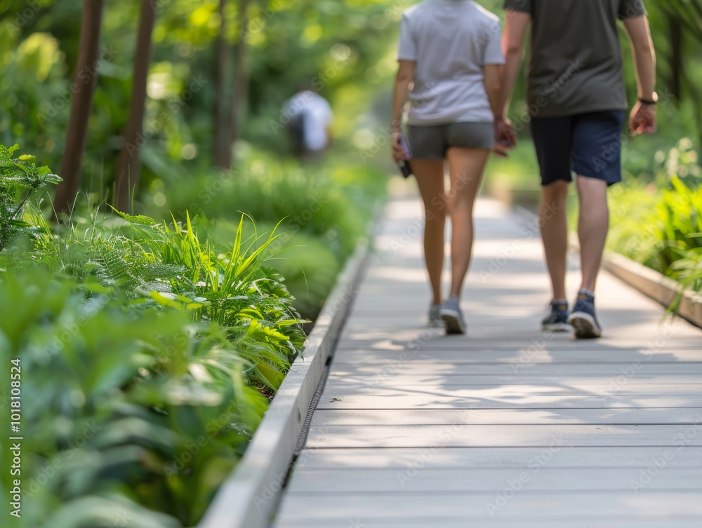 Sustainable pedestrian path surrounded by green spaces in an urban setting, designed to reduce noise pollution while promoting a healthier ecosystem and improving overall urban environment quality. Sustainable pedestrian path surrounded by green spaces in an urban setting, designed to reduce noise pollution while promoting a healthier ecosystem and improving overall urban environment quality.