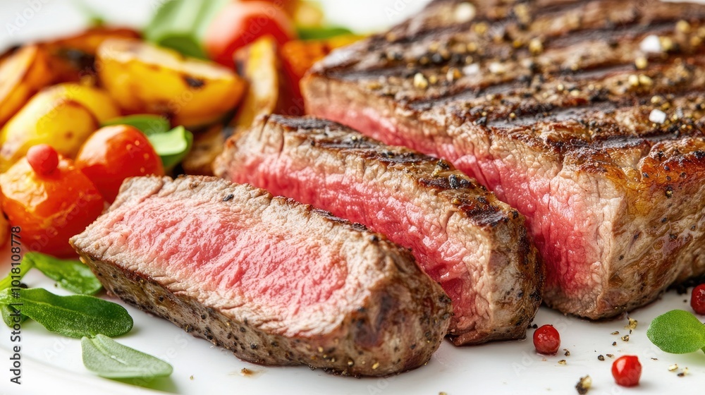 A close-up of a juicy steak cut into slices, revealing the pink interior and accompanied by a side of roasted vegetables.