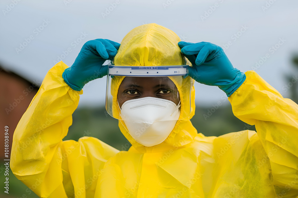Doctor dons protective gear and face shield before tending to patients, prioritizing their well being and infection prevention Doctor dons protective gear and face shield before tending to patients, prioritizing their well being and infection prevention