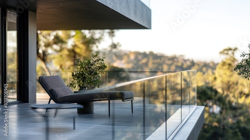 A close-up of a modern balcony with glass railings, showing a sleek lounge chair and a small side table, with a view of the surrounding landscape.